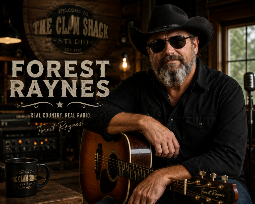 Forest Raynes poses in The Clam Shack Studio wearing a black cowboy hat, black shirt, and sunglasses while holding an acoustic guitar, promoting his original country music and Forest Raynes Radio.