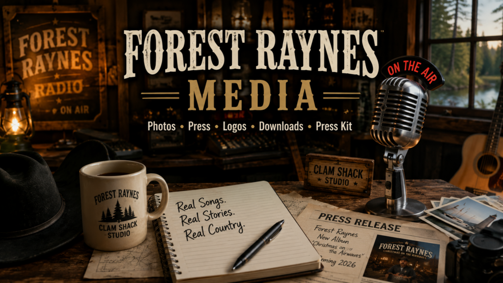 Forest Raynes Media page header featuring the Clam Shack Studio, vintage microphone, press release, guitar, and media resources for country artist Forest Raynes.